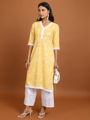 KETCH Women Printed Straight Kurta(Yellow)