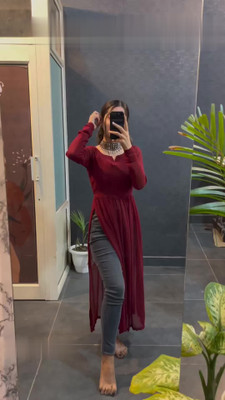 PuriMaa Women Solid Flared Kurta(Maroon)