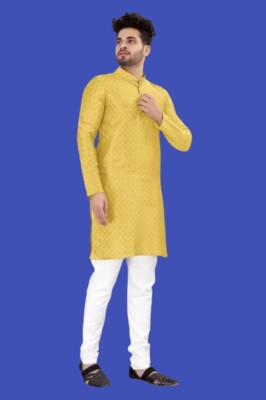 Tushf Men Printed Straight Kurta(Yellow)