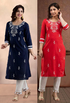 vikshi Women Embroidered Straight Kurta(Dark Blue, Red)