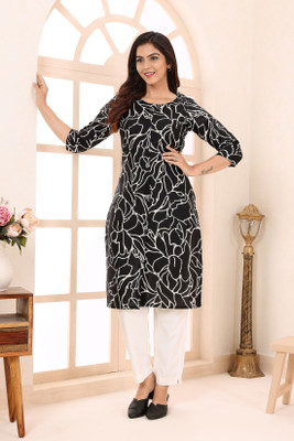 Keshubaba Women Printed Straight Kurta(Black)