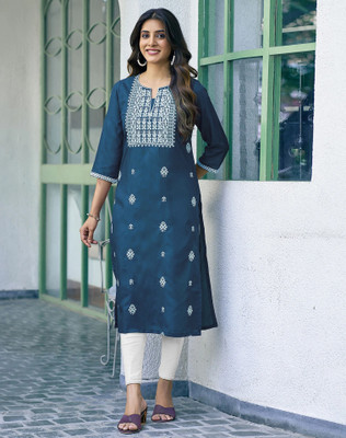 Anmi Chikan Embroidery Women Straight Kurta(Dark Blue)