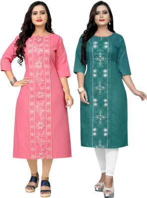 Ladylaz Women Embroidered A-line Kurta(Dark Green, Pink)