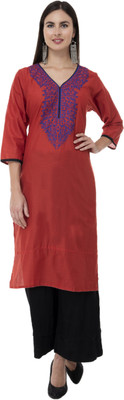EZIS FASHION Women Embroidered Straight Kurta(Red)