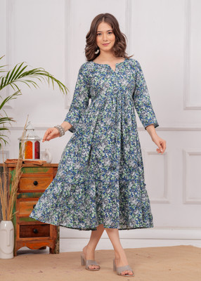 Monique Women Printed Flared Kurta(Blue)