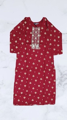 NO BRND Women Printed Straight Kurta(Maroon, White)