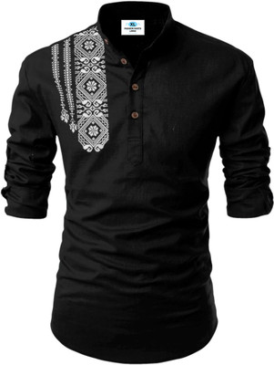 Fashion Marts Men Solid, Self Design Straight Kurta(Black)