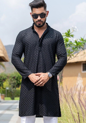 FOXDX Men Embellished Straight Kurta(Black)