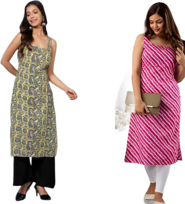 KAUTAQI Women Printed, Leheriya Straight Kurta(Multicolor)