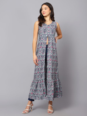 VESICLE Women Printed Frontslit Kurta(Blue, Pink)