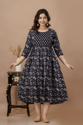 GUNINI Women Printed A-line Kurta(Black)