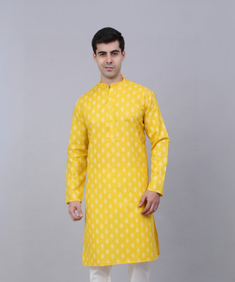 Jompers Men Printed Straight Kurta(Yellow)