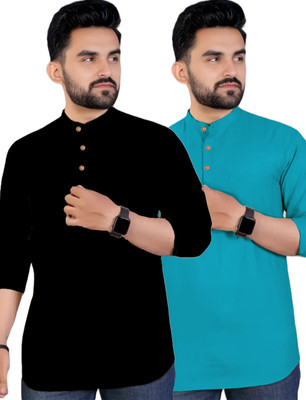 UNIFAV Men Solid Straight Kurta(Brown, Blue)