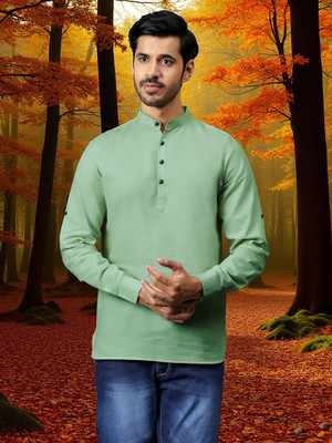 FireFish Men Solid A-line Kurta(Light Green)