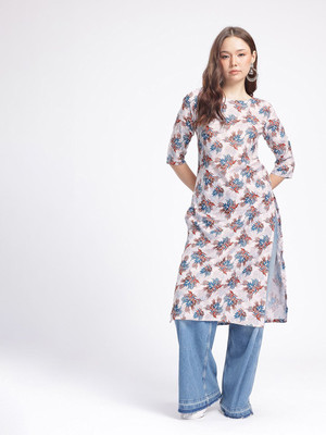 Anouk Rustic Women Floral Print Straight Kurta(White)