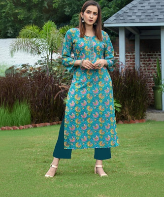 RR SA KURTIS Women Printed Straight Kurta(Blue)