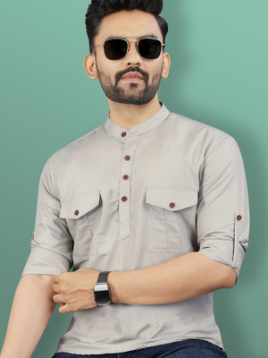 VeBNoR Men Solid Straight Kurta(Grey)