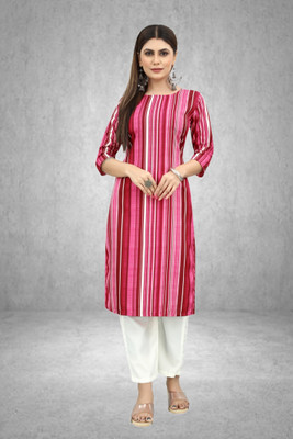 MARIDI FASHION Women Striped Straight Kurta(Pink)