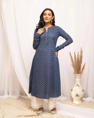 FIORRA Women Floral Print A-line Kurta(Dark Blue, Light Blue)