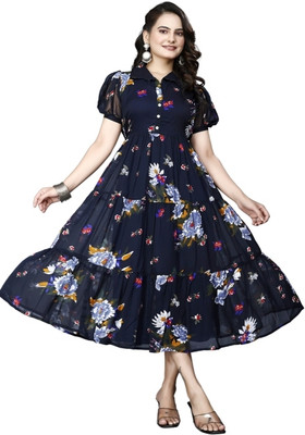 Parth Creation Women Printed Flared Kurta(Blue)