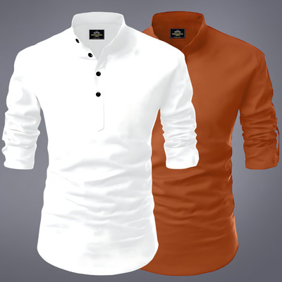 evalaxy Men Solid Straight Kurta(White, Brown)