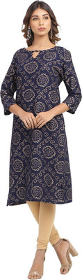 JABAMA Women Printed Straight Kurta(Dark Blue)
