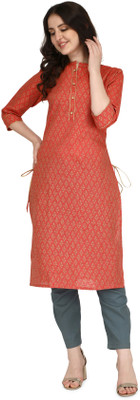 Solucions Women Block Print A-line Kurta(Red)