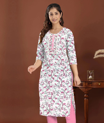 HouseOfCommon Women Floral Print Straight Kurta(Pink, White)