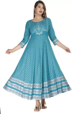 KRISHNA Women Printed Anarkali Kurta(Blue)