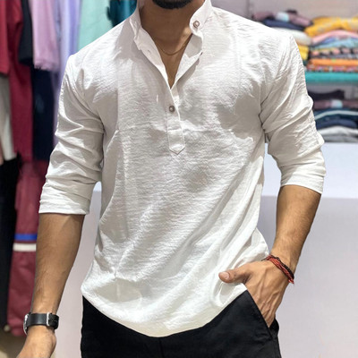 mvff Men Self Design Straight Kurta(White)