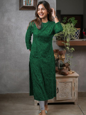 DHARAFASHION Women Printed A-line Kurta(Green)