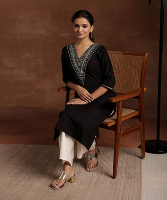 LIBAS Women Embroidered A-line Kurta(Black)