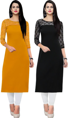 HIALTO Women Solid Straight Kurta(Yellow, Black)
