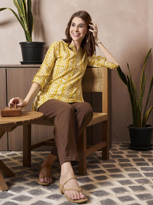 Anouk Rustic Women Printed Straight Kurta(Yellow)