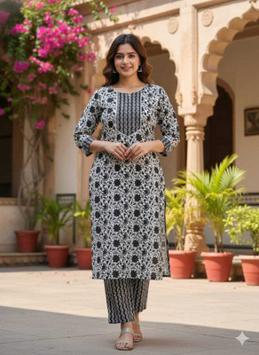 SS Fashion Women Block Print, Floral Print, Geometric Print, Printed Straight Kurta(Black)