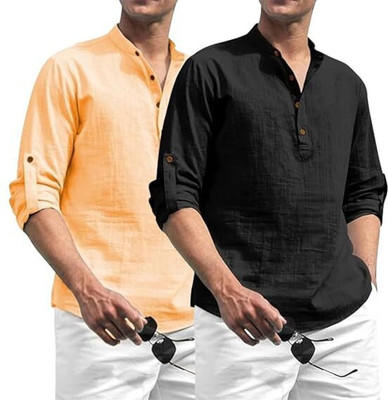 Amrit Trending Men Solid Straight Kurta(Orange, Black)