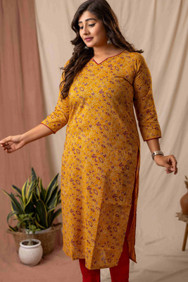 Amthi Women Self Design, Floral Print Straight Kurta(Yellow)