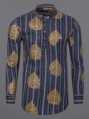 french crown Men Printed Straight Kurta(Dark Blue, Gold, White)