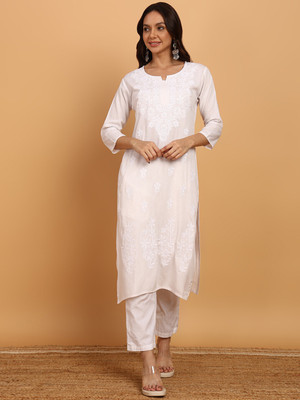 TOP N THREAD Women Self Design A-line Kurta(White)