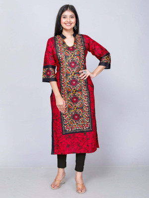 Jevi Prints Women Block Print Straight Kurta(Red, Black)