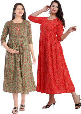 Damsel Women Printed Anarkali Kurta(Red, Green)