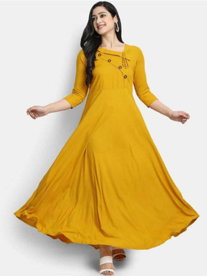 Puebell Women Solid Flared Kurta(Yellow)