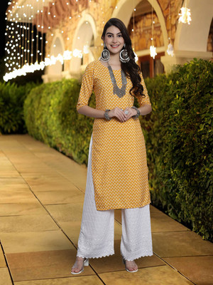 1 Stop Fashion Women Self Design A-line Kurta(Yellow)