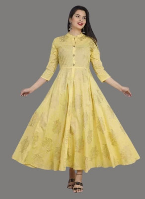 AnviTextile Women Printed Gown Kurta(Yellow)