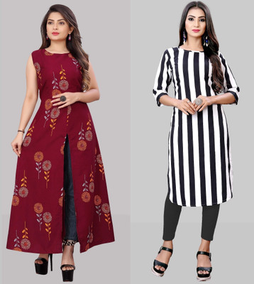 tanvi creation Women Printed Straight Kurta(Maroon, White)