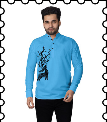 Kavyangle Creation Men Animal Print Straight Kurta(Blue)