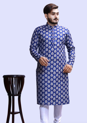 Tibra Collection Men Floral Print Flared Kurta(Dark Blue, Blue, White)