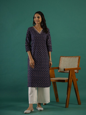 Sangria Women Printed Straight Kurta(Blue)