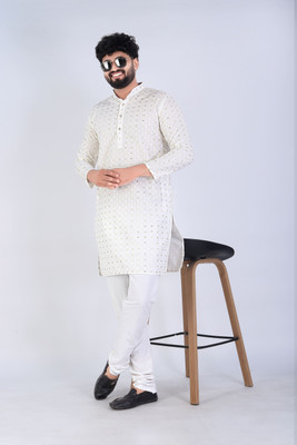 Keton Men Embroidered, Embellished Straight Kurta(White)