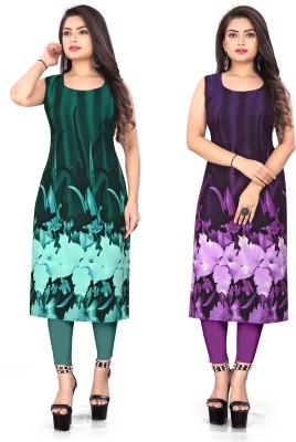 maruti fab Women Floral Print Straight Kurta(Green, Purple)